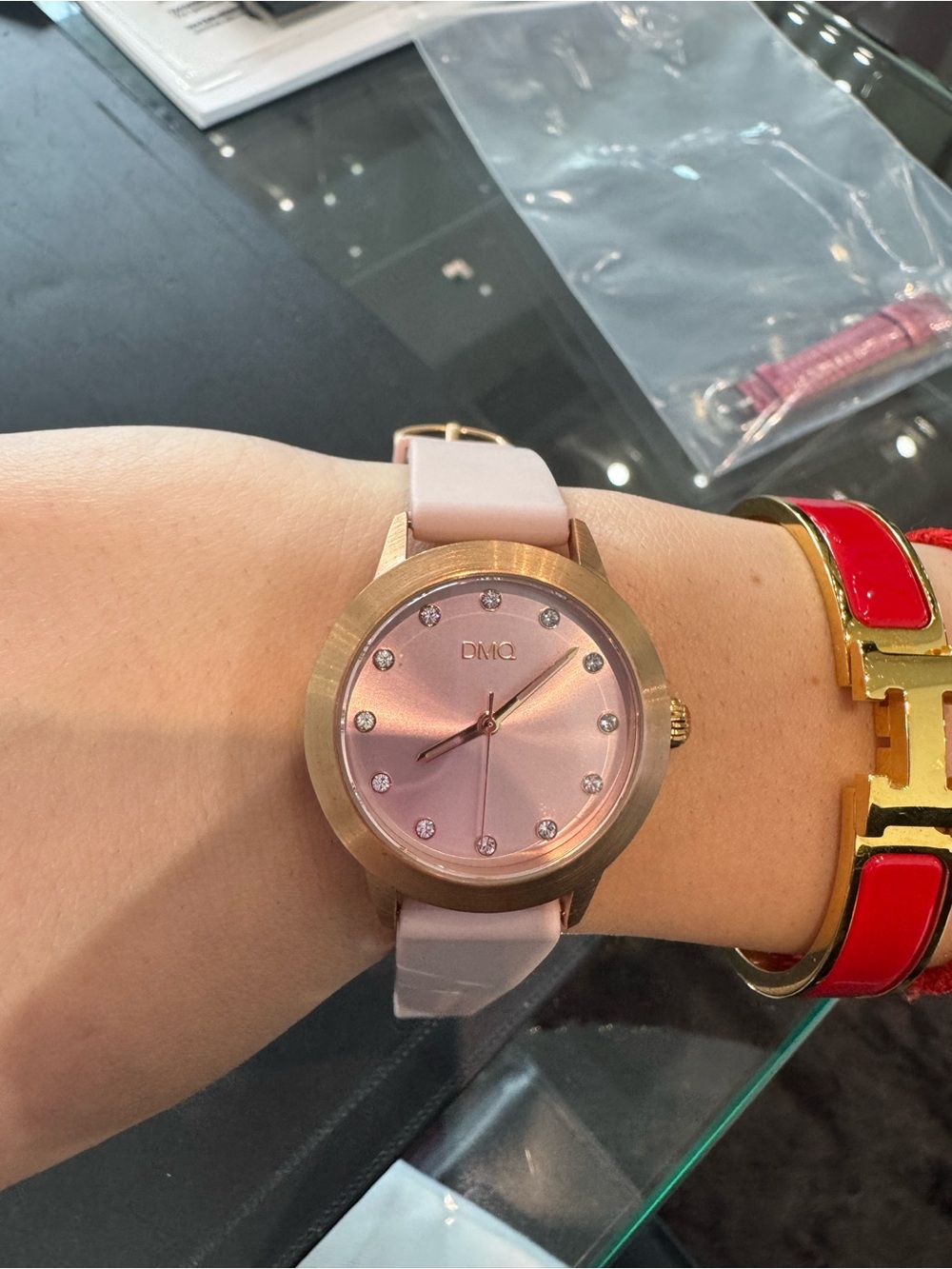 New DMQ Women’s Rose Gold tone & Pink Watch w Crystal Markers and rubber Strap